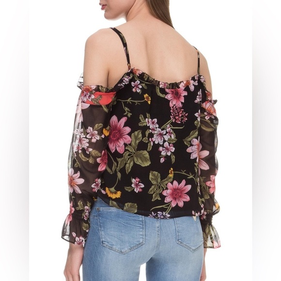 Guess Savina Floral Black coral chiffon off shoulder blouse SP - Picture 2 of 16